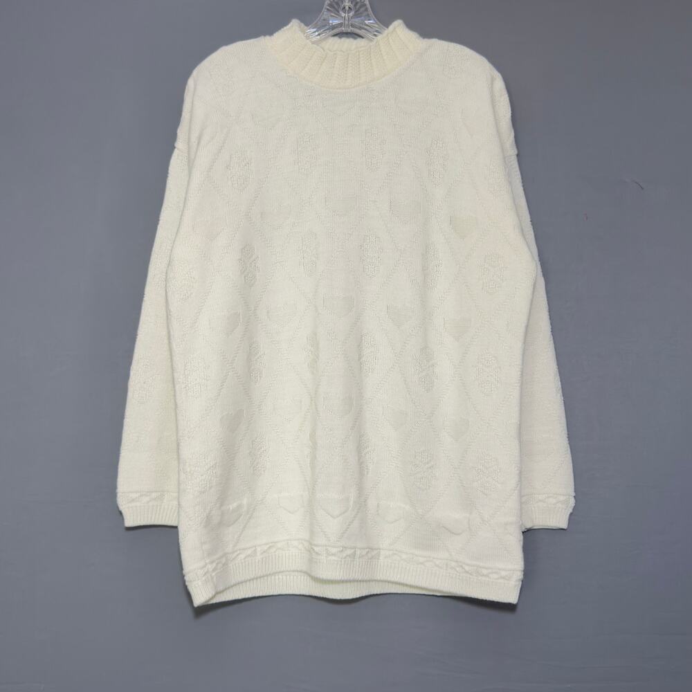 DANA SCOTT Vintage Cream Patterned Knit Mock Neck Sweater Size L Large